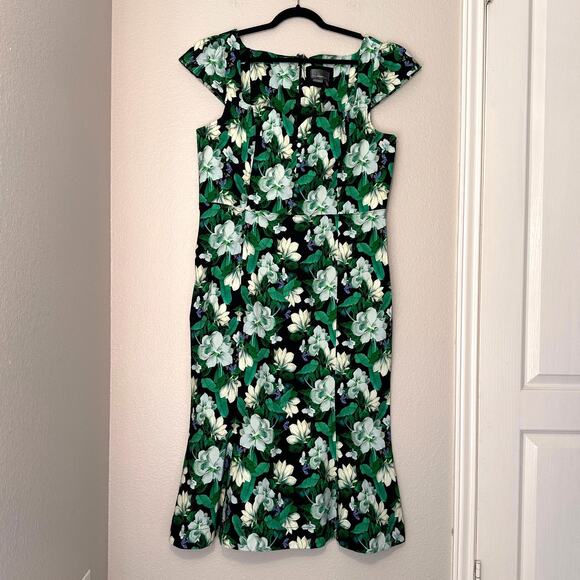 Anthropologie Cecily Green Floral Fit & Flare Retro Pin-up Wiggle Dress, XL NWT - Picture 2 of 9